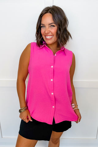 Dear Scarlett Molly Button Down Sleeveless Top in Hot Pink