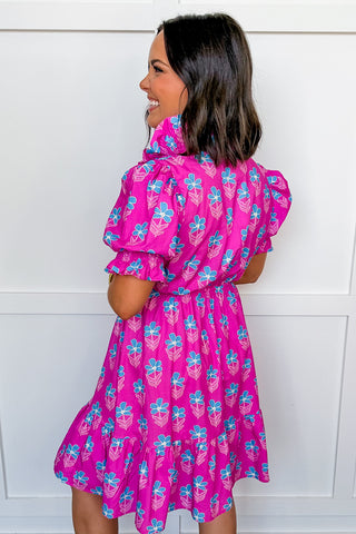 The Juliette Knee Length Dress in Fuchsia/Blue Floral