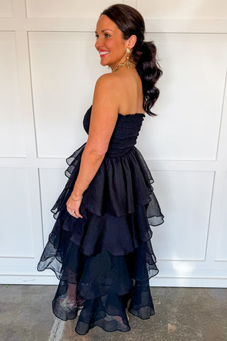 Save The Date Tiered Midi Dress in Black
