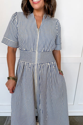 Best-Selling Krissy Zip-up Midi Dress in Navy Stripes