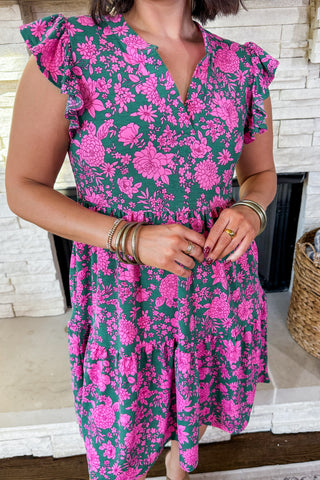 The Lizzy Forever Tiered Dress in Emerald/Pink Floral