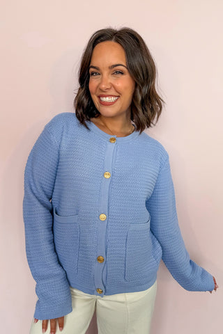 Shank Button Down Pocketed Knit Cardigan Sweater in Light Blue