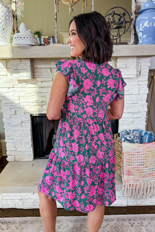 The Lizzy Forever Tiered Dress in Emerald/Pink Floral