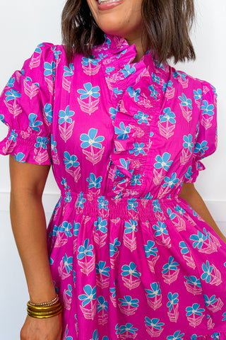 The Juliette Knee Length Dress in Fuchsia/Blue Floral