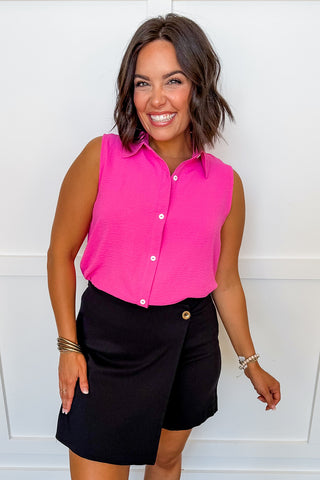Dear Scarlett Molly Button Down Sleeveless Top in Hot Pink