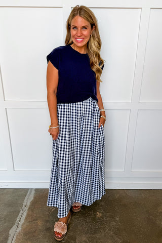 Two Items = Gingham Maxi Dress + Navy Sweater