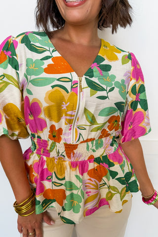 The Krissy Zip-Up Top in Spring Floral