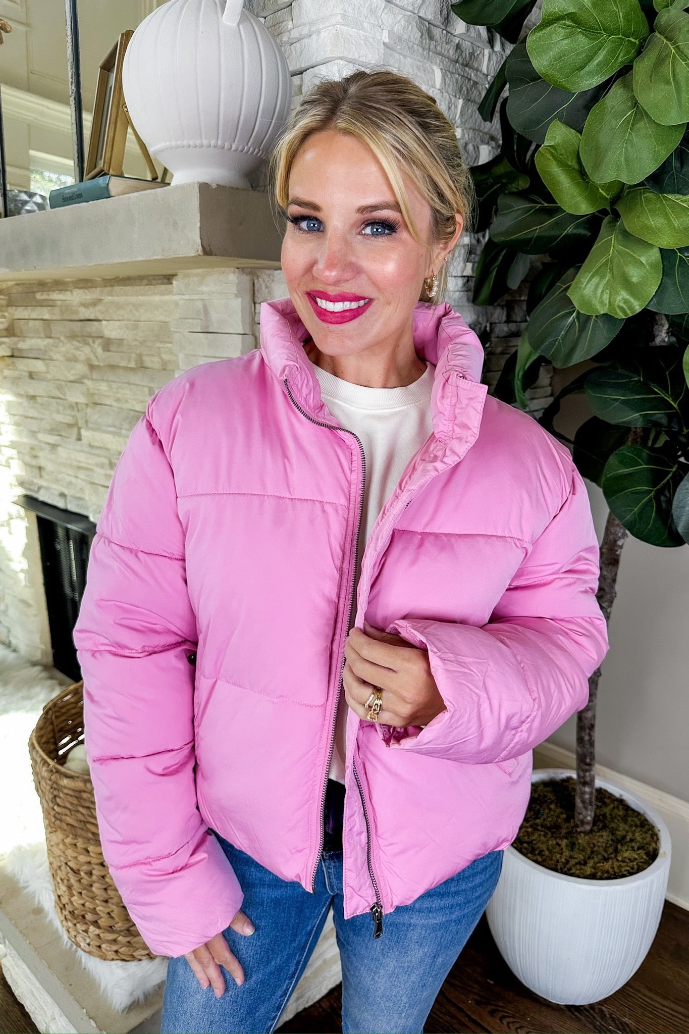 Drawstring Back Pocketed Puffer Jacket in Pink