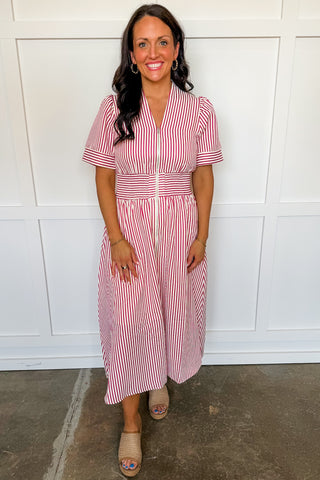 Best-selling Krissy Zip-up Midi Dress in Red Stripes