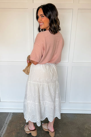 Eyelet Detail Elastic Waist Midi Skirt in White