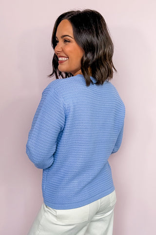 Shank Button Down Pocketed Knit Cardigan Sweater in Light Blue