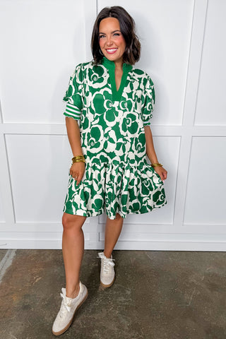 Notch Neck Abstract Floral Drop Waist Dress in Green