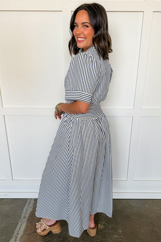 Best-Selling Krissy Zip-up Midi Dress in Navy Stripes