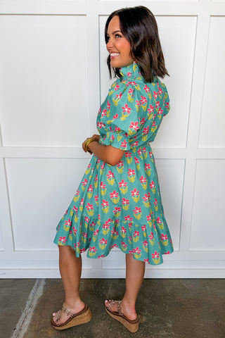 The Juliette Knee Length Dress in Mint/Coral Floral