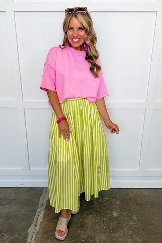 Sunlit Stroll Stripe Midi Skirt in Lime