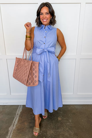 The Lily Button Down Belted Dress in Chambray Blue