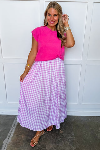 Two Items = Gingham Maxi Dress + Pink Sweater