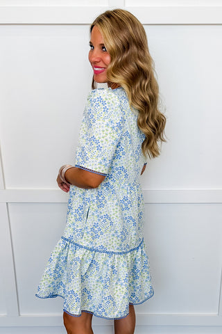 The Adelyn Dress in Larkspur Fields Blue by Mary Square