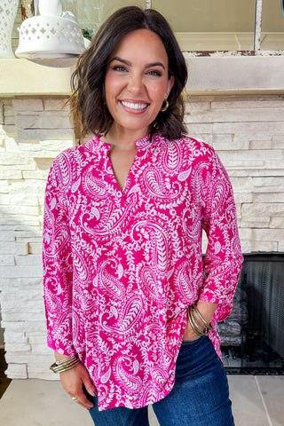 The Lizzy Printed Top in Pink Paisley