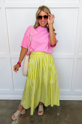 Sunlit Stroll Stripe Midi Skirt in Lime