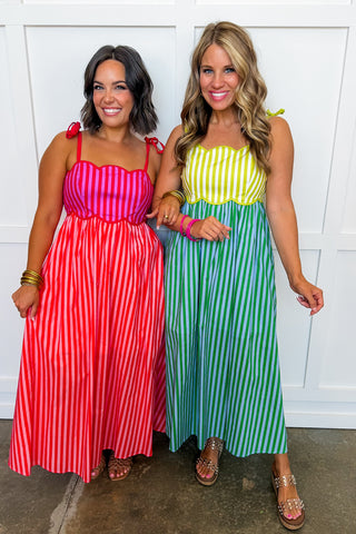The Happy Scalloped Stripe Midi Dress in Hot Pink & Orange