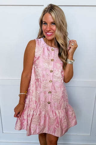 The Alison Floral Jacquard Dress with Gold Buttons