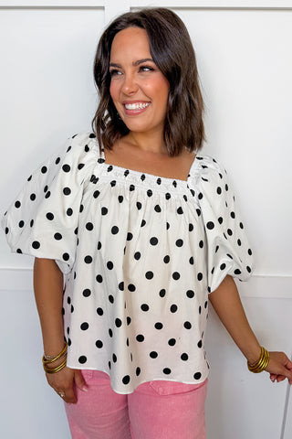 Polka Dot Darling Puff Sleeve Top in Off White