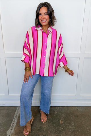 Pink On Repeat Stripe Button Top
