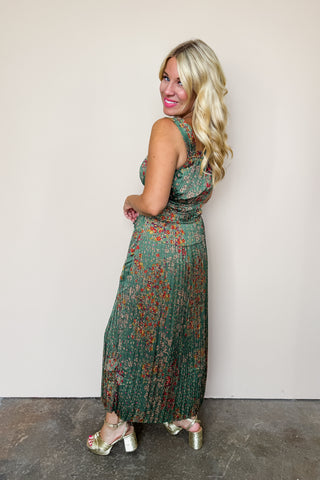 Floral Satin Green Midi Dress