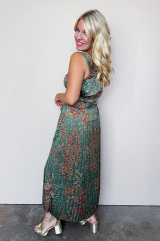 Floral Satin Green Midi Dress