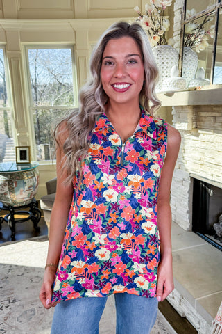 The Sun Dial Quarter Zip Tank in Navy Multi Floral