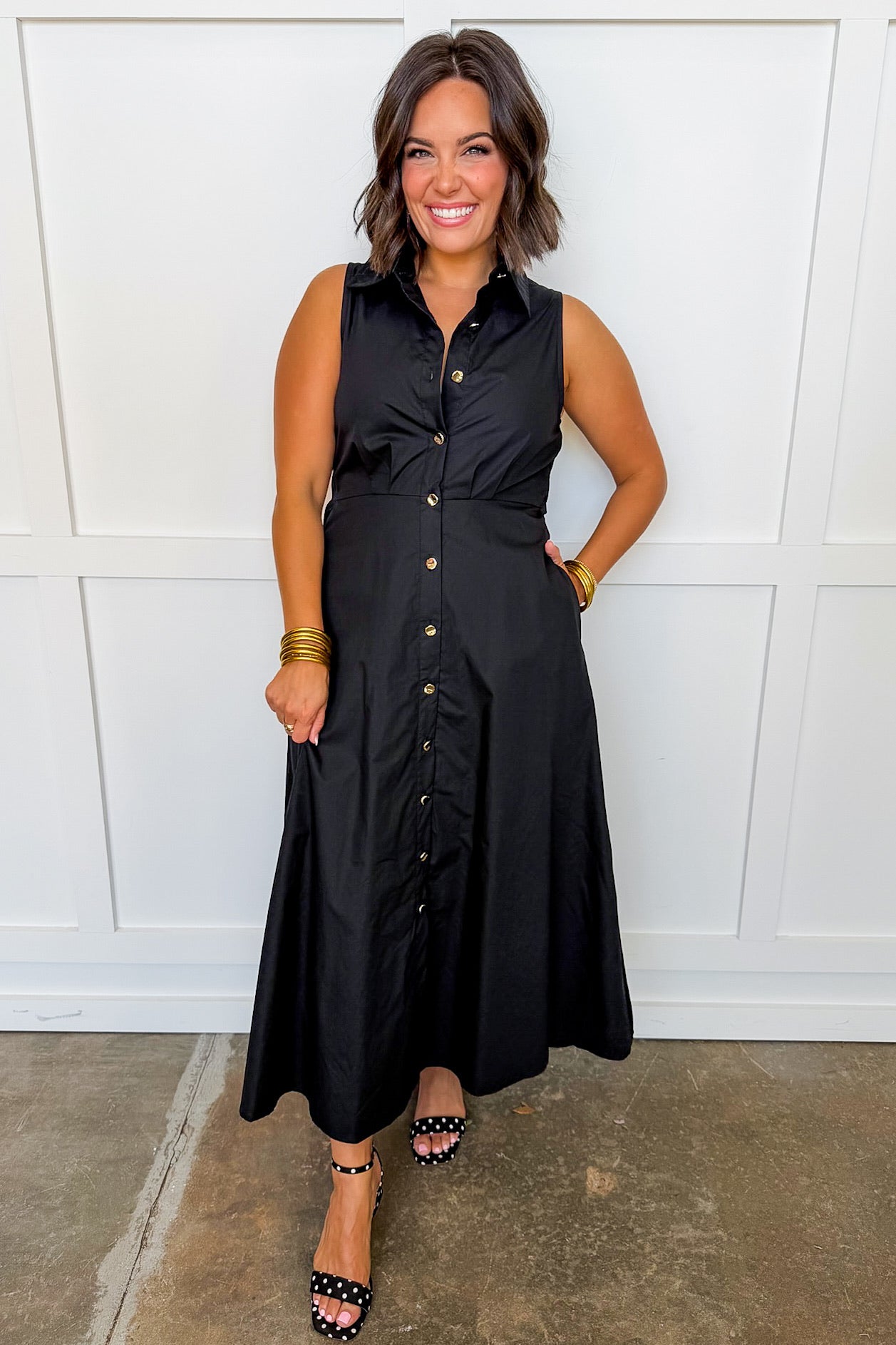 The Lily Button Down Belted Dress in Classic Black Large