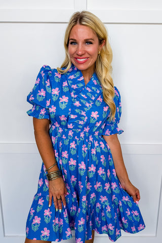 The Juliette Knee Length Dress in Blue/Pink Floral