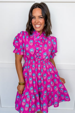 The Juliette Knee Length Dress in Fuchsia/Blue Floral