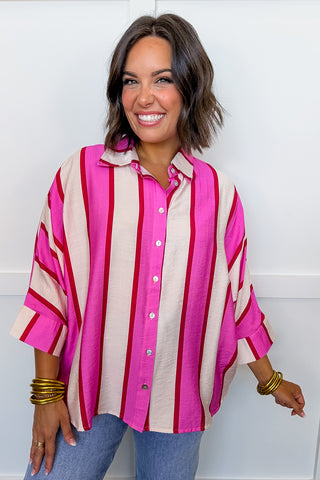 Pink On Repeat Stripe Button Top