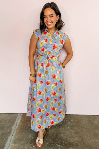 Light Blue Charming Floral Midi Dress