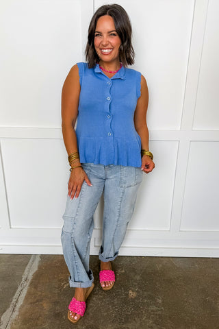 Sweetest Scalloped Reversible Knit Tank in Chambray Blue