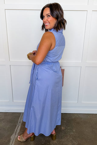 The Lily Button Down Belted Dress in Chambray Blue