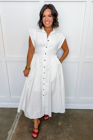 The Amy Button Front Midi Dress in Off White