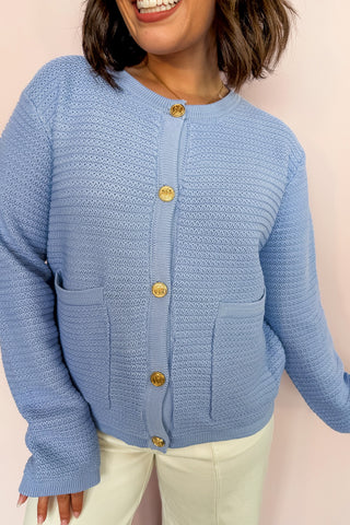 Shank Button Down Pocketed Knit Cardigan Sweater in Light Blue