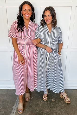 Best-selling Krissy Zip-up Midi Dress in Red Stripes