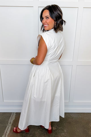 The Amy Button Front Midi Dress in Off White