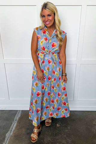 Light Blue Charming Floral Midi Dress