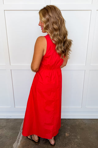 The Lily Button Down Belted Dress in Cherry Red