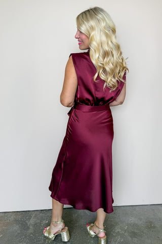 Satin Fitted Plus One Midi Dress in Burgundy