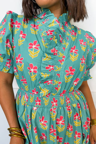 The Juliette Knee Length Dress in Mint/Coral Floral