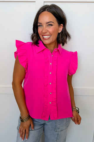 Social Hour Ruffle Blouse in Hot Pink