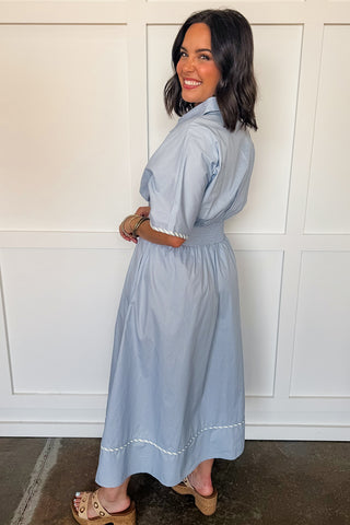 Uptown Charm Button Front Midi Dress in Light Blue