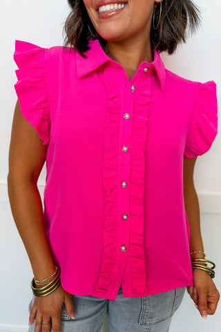 Social Hour Ruffle Blouse in Hot Pink