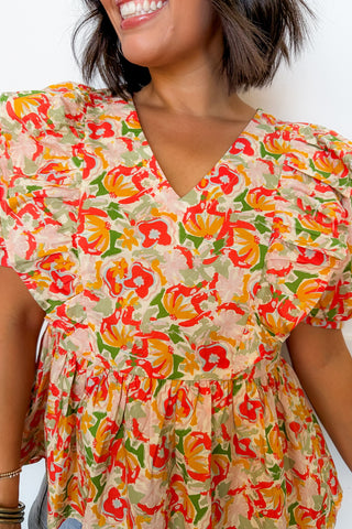 Sunset Bloom Ruffle Top in Coral